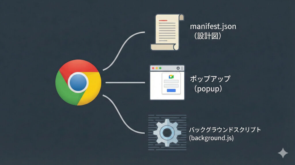 Chrome拡張機能を構成する3つの要素(manifest.json 設計図、ポップアップ、バックグラウンドスクリプト)とそれぞれの役割を示すフラットデザインのインフォグラフィック。