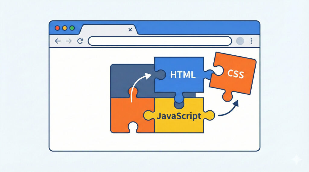 Chromeブラウザの枠組みに、HTML、CSS、JavaScriptと書かれたパズルのピースが組み合わさって機能が追加される様子を示すフラットイラストのインフォグラフィック。