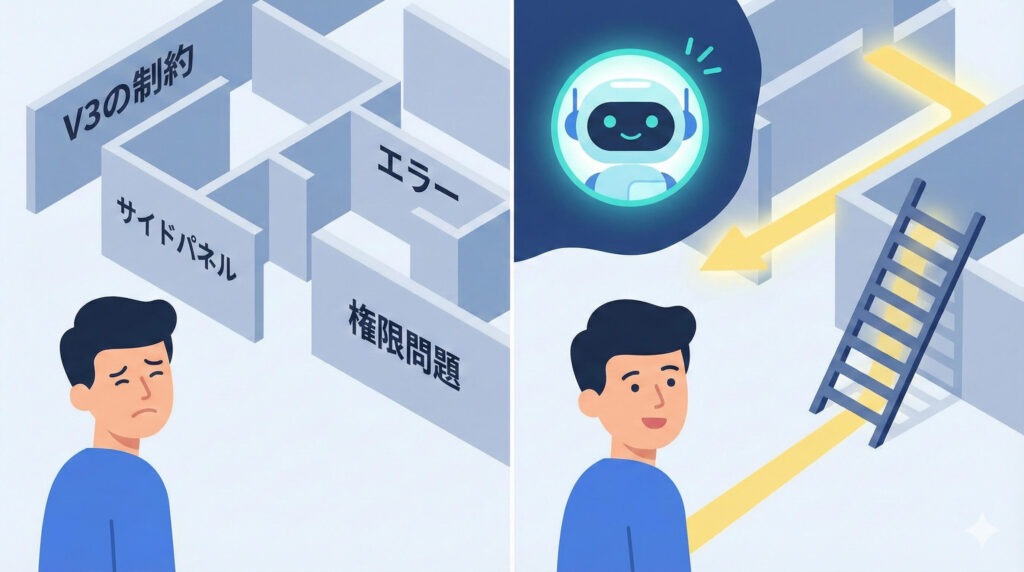 開発者が「V3の制約」「エラー」などの壁に直面しているが、AIアシスタントの助けによって解決の道筋を見つける様子を示すフラットイラスト。