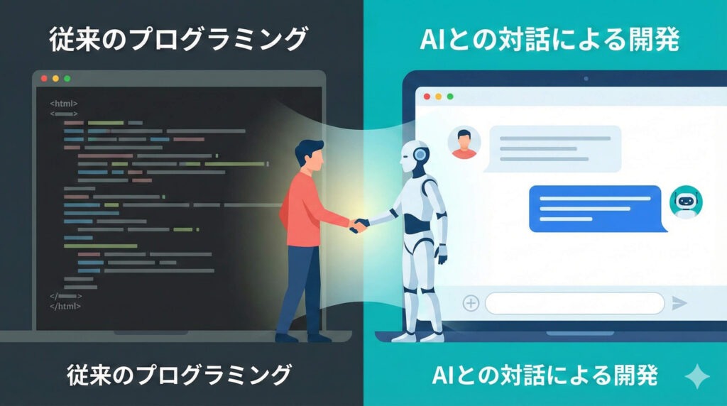 従来のコーディングによるプログラミングと、生成AIとの対話による新しい開発スタイルを対比し、両者の協働による未来を示すフラットイラスト。