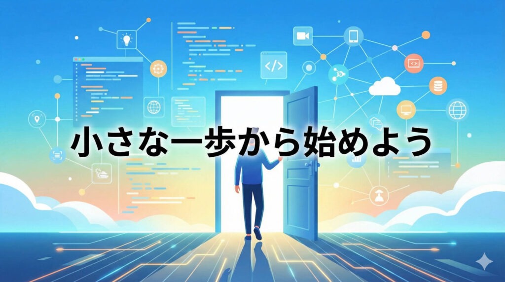 開かれた扉から広大なデジタル世界へと小さな一歩を踏み出す人物の後ろ姿。生成AIによる開発の可能性と希望を表現したフラットイラスト。