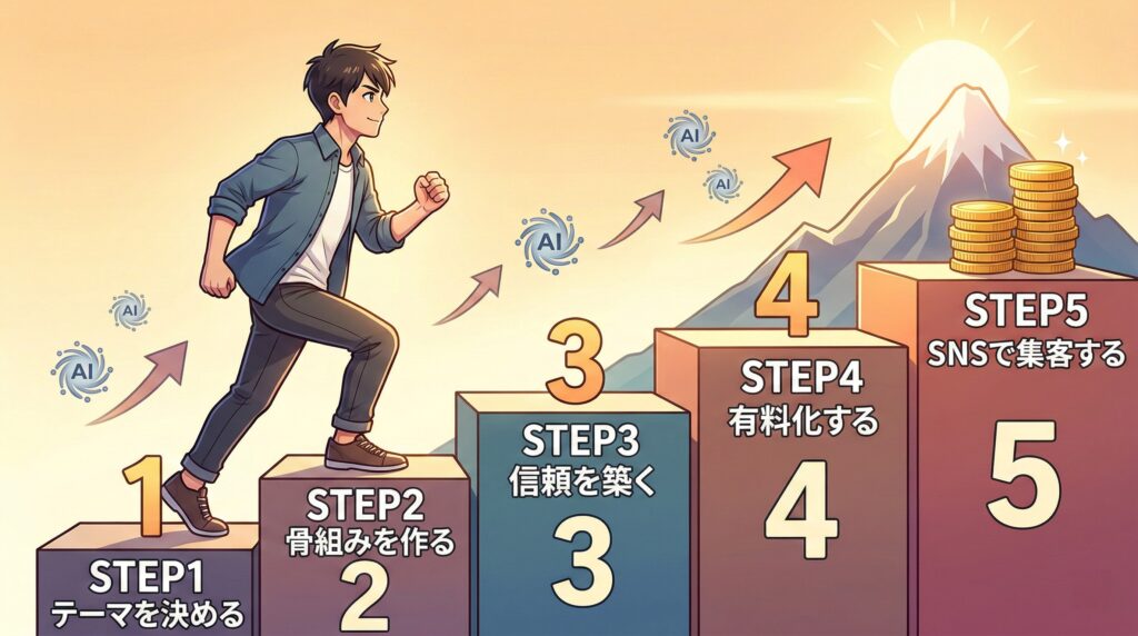 山頂（収益化）に向かって、5つのステップ（テーマ、骨組み、信頼、有料化、SNS集客）が書かれたアニメ風ロードマップを登る日本人男性。