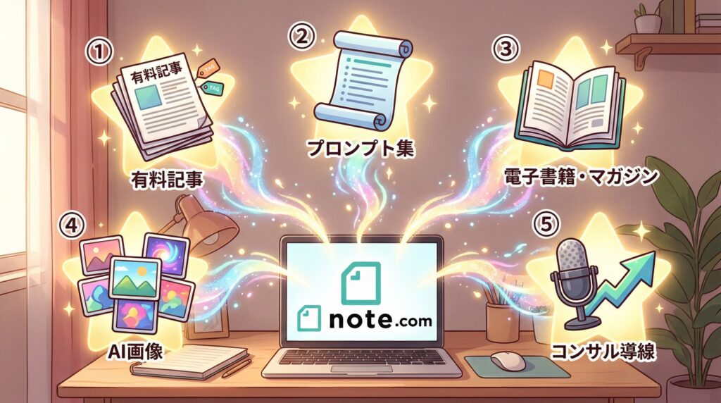 5種類のAI副業コンテンツ（有料記事、プロンプト集、電子書籍、AI画像、コンサル導線）が、AIの光を浴びてnoteのロゴから飛び出しているアニメ風インフォグラフィック。