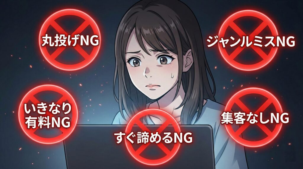 困った表情でノートパソコンを見る日本人女性の周りに、5つの失敗する共通点（丸投げNG、ジャンルミスNG、いきなり有料NG、集客なしNG、すぐ諦めるNG）が書かれたアニメ風警告図。
