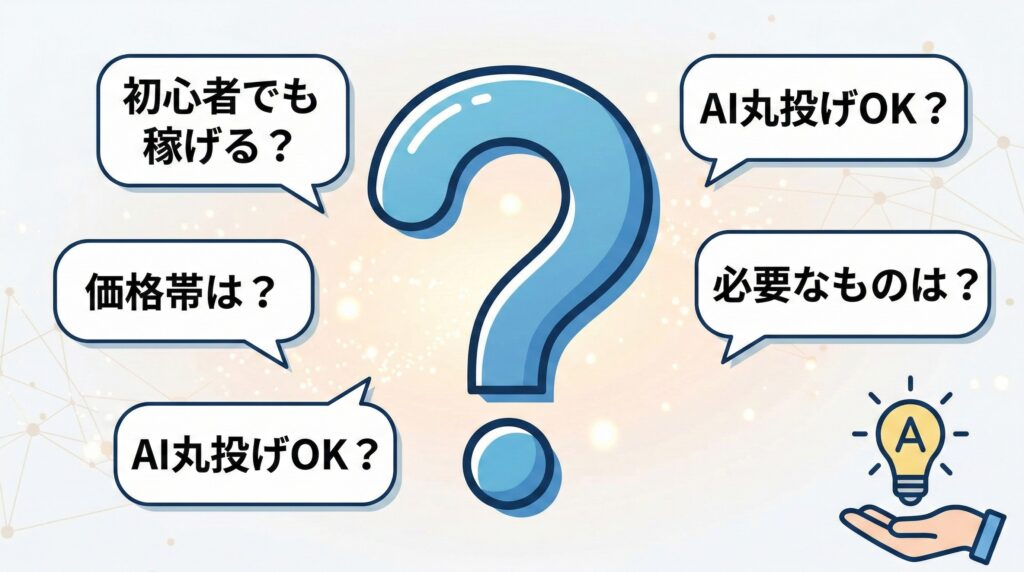 大きな「？」マークと吹き出しで飛び交う質問（稼げる？、価格は？、違反？、必要なもの）のアニメ風FAQ図。中央には解決を示す電球と「A」の文字。