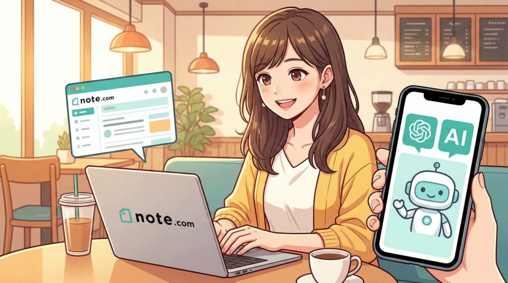 カフェでリラックスしながら、ノートパソコンとスマホを使ってAIツールとnoteを活用する日本人女性のアニメ風イラスト。手軽さと相性の良さを表現。